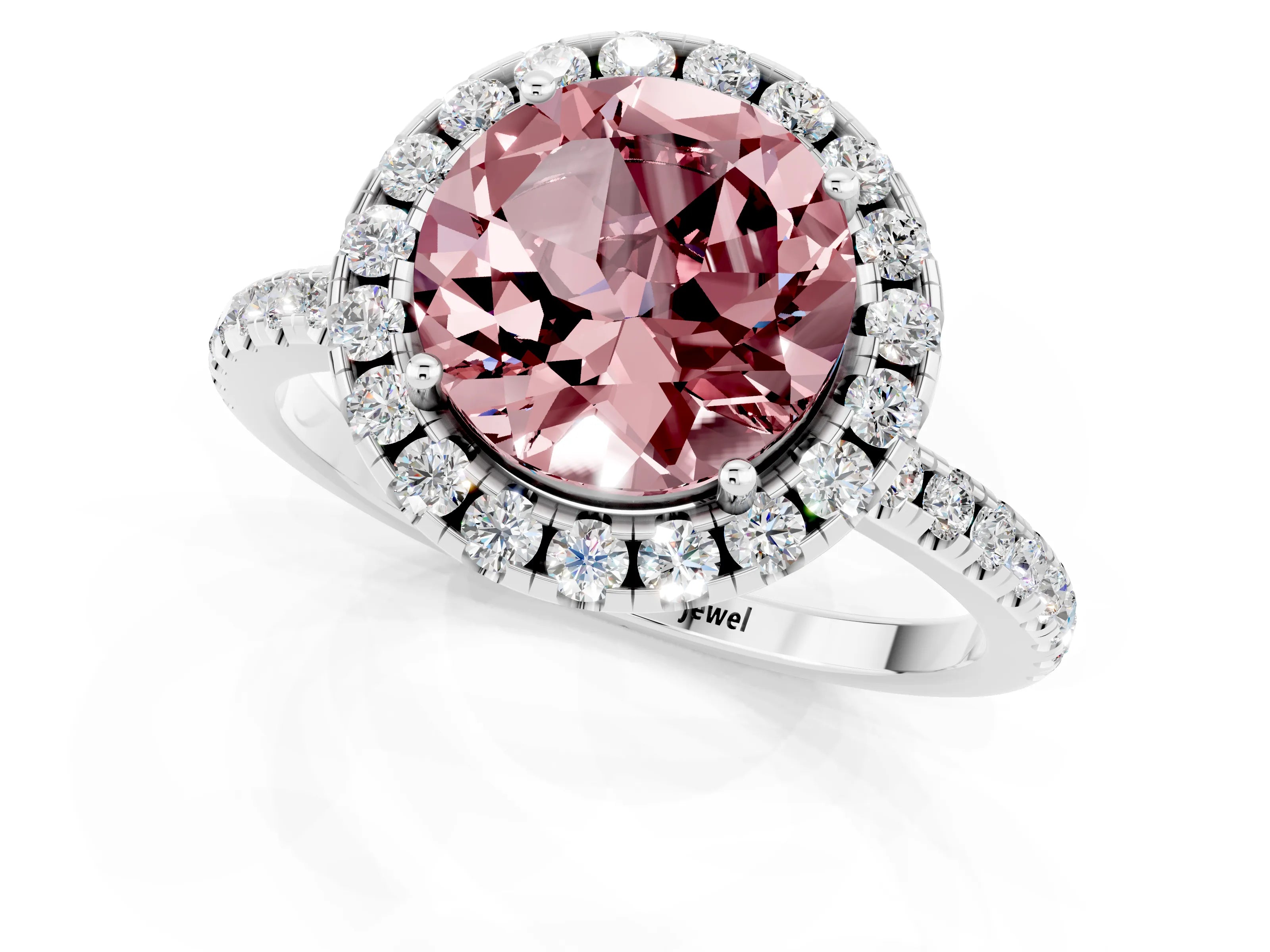 White gold Round Cut Halo Round Diamond Pavé Band Four-Prong Ring_1