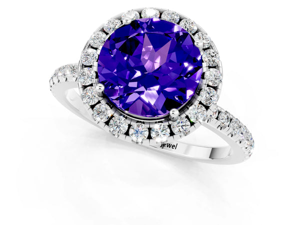 Silver Round Cut Tanzanite Halo Ring with Round Pavé Band and Prong Setting