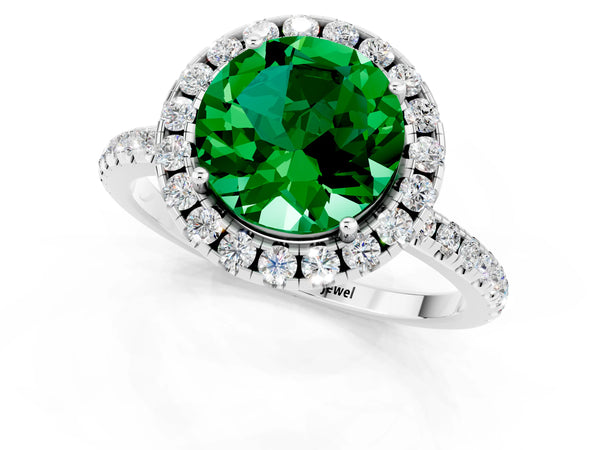 Platinum Round Cut Emerald Halo Ring with Round Pavé Band and Prong Setting