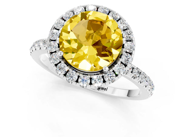 White gold Round Cut Yellow Sapphire Halo Ring with Round Pavé Band and Prong Setting