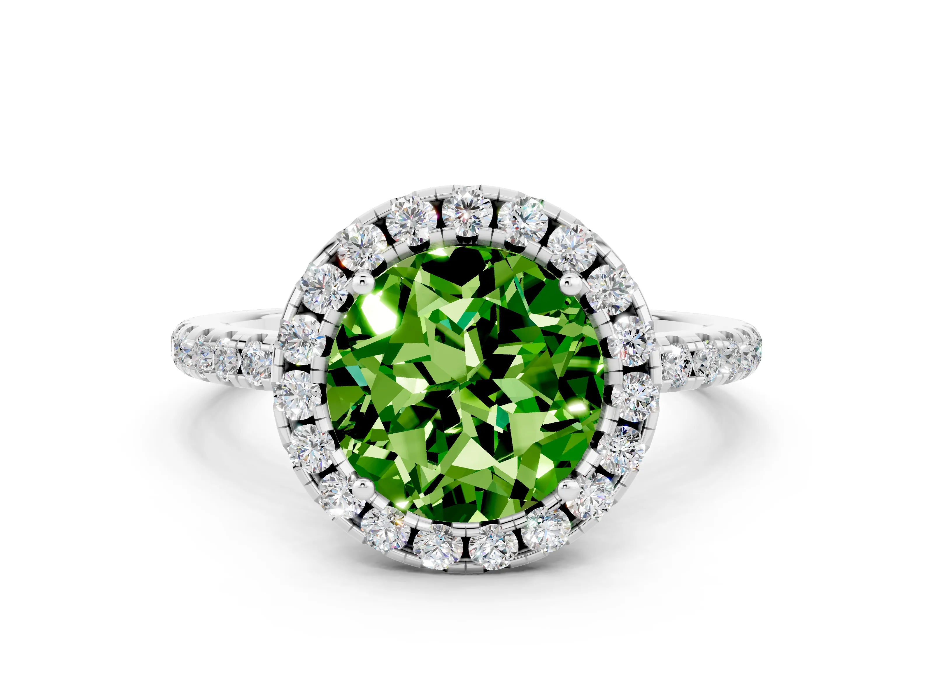 White gold Round Cut Halo Round Diamond Pavé Band Four-Prong Ring