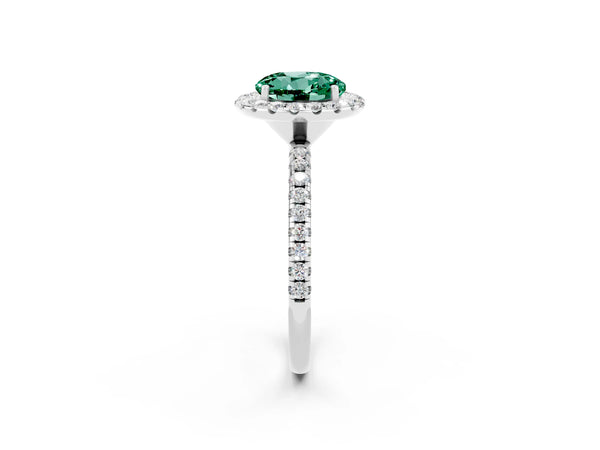 Silver Round Cut Green Sapphire Halo Ring with Round Pavé Band and Prong Setting