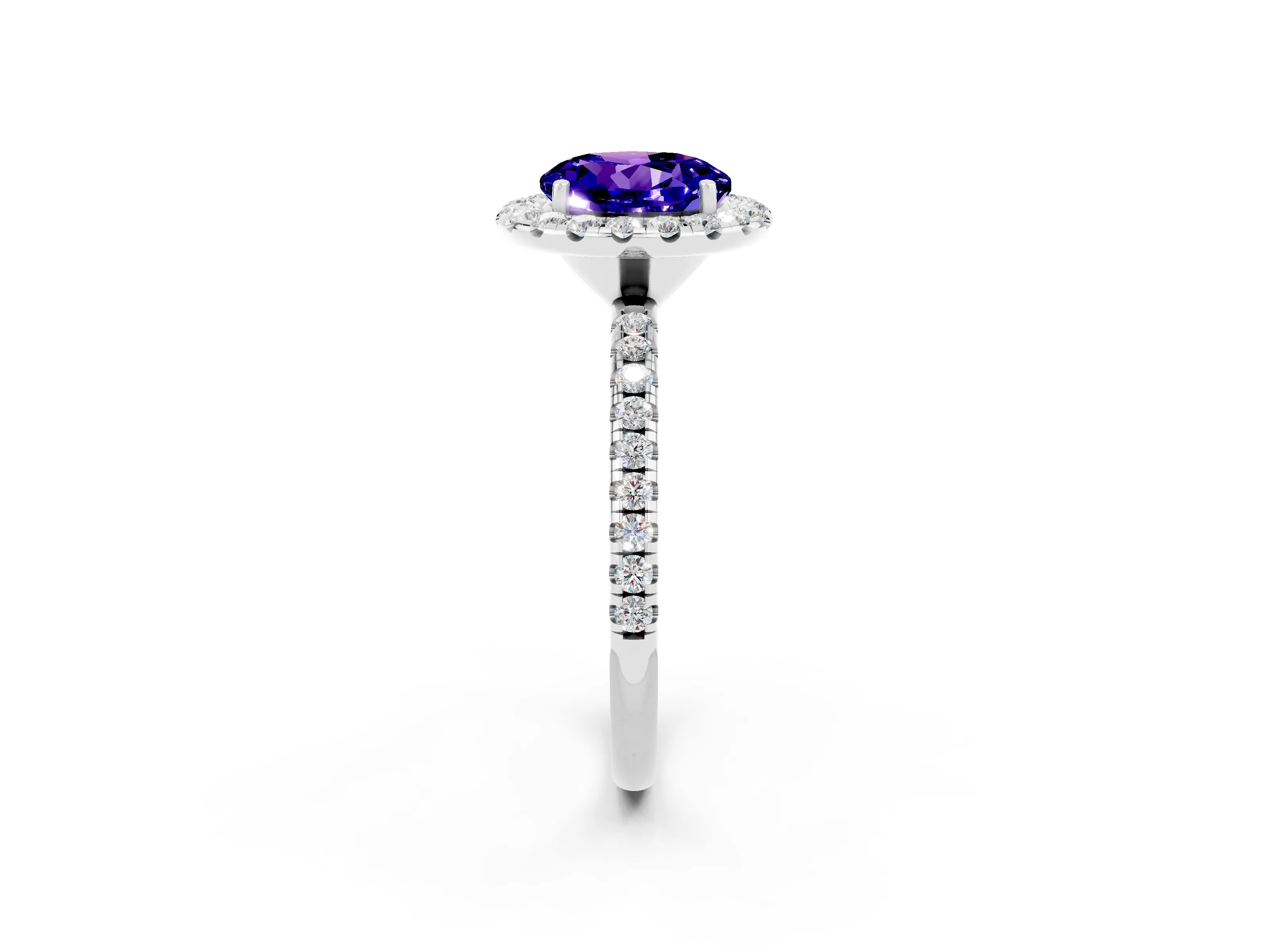 White gold Round Cut Halo Round Diamond Pavé Band Four-Prong Ring_2