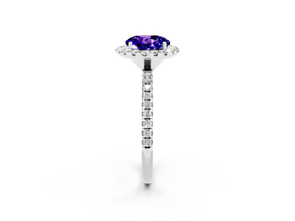Silver Round Cut Tanzanite Halo Ring with Round Pavé Band and Prong Setting