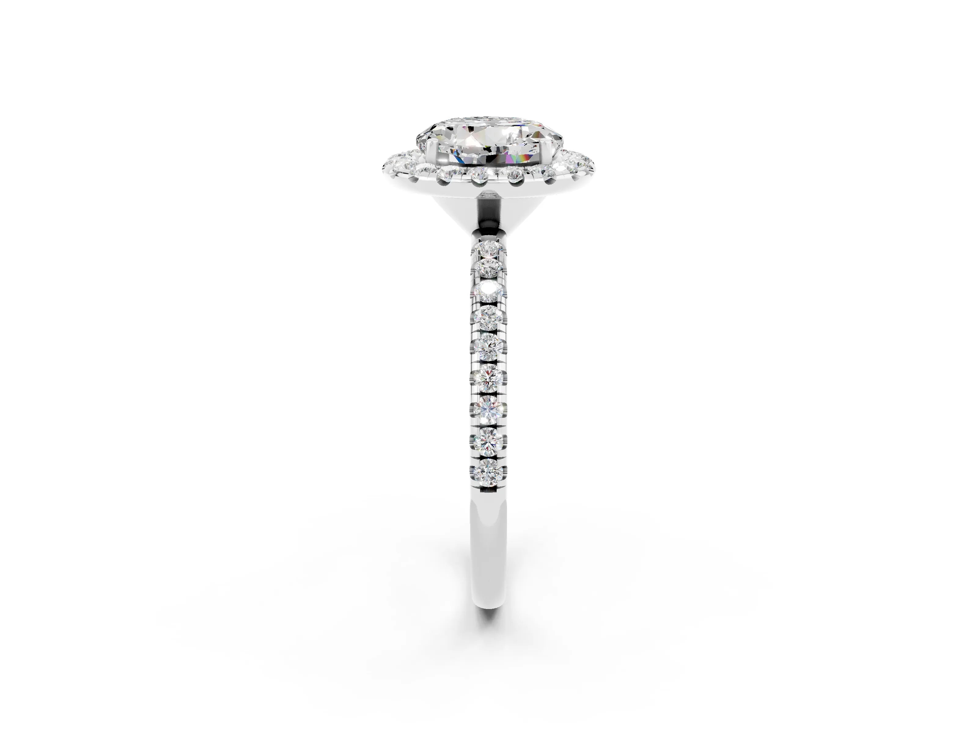 White gold Round Cut Halo Round Diamond Pavé Band Four-Prong Ring_2