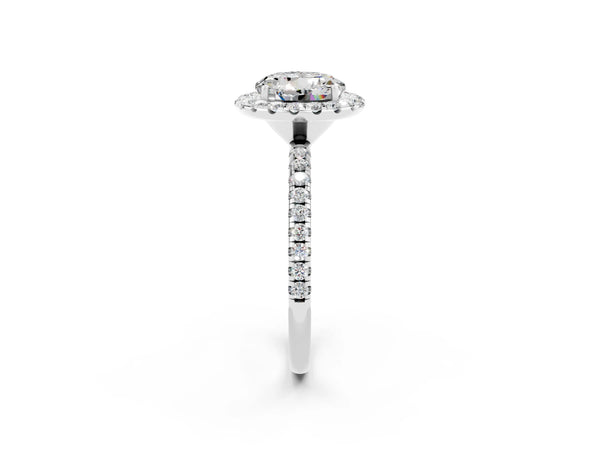 White gold Round Cut Moissanite Halo Ring with Round Pavé Band and Prong Setting