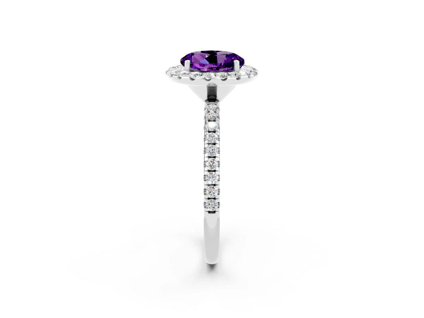 Platinum Round Cut Amethyst Halo Ring with Round Pavé Band and Prong Setting