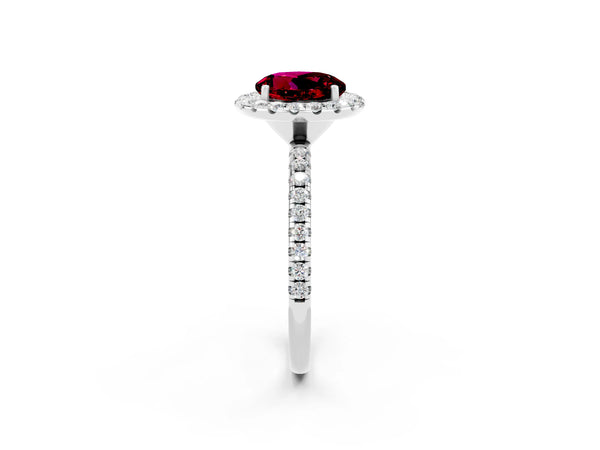 Platinum Round Cut Garnet Halo Ring with Round Pavé Band and Prong Setting