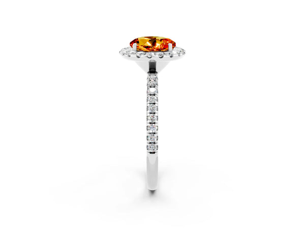 White gold Round Cut Citrine Halo Ring with Round Pavé Band and Prong Setting
