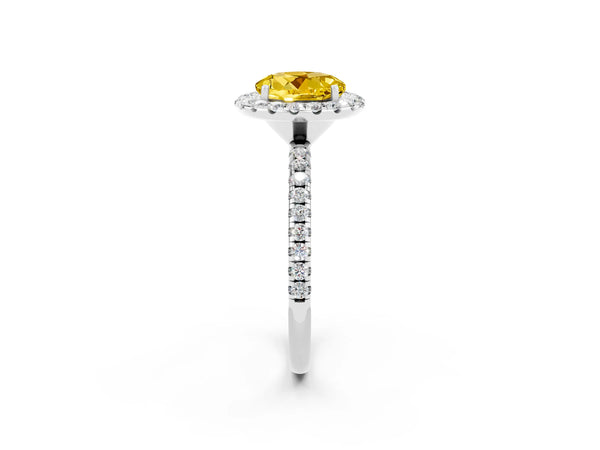 Silver Round Cut Yellow Sapphire Halo Ring with Round Pavé Band and Prong Setting