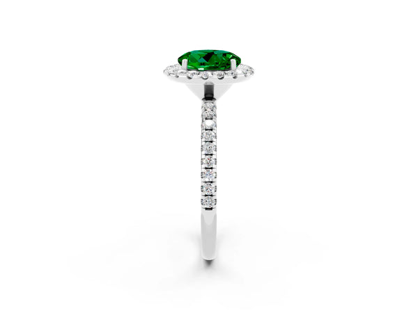 Platinum Round Cut Emerald Halo Ring with Round Pavé Band and Prong Setting