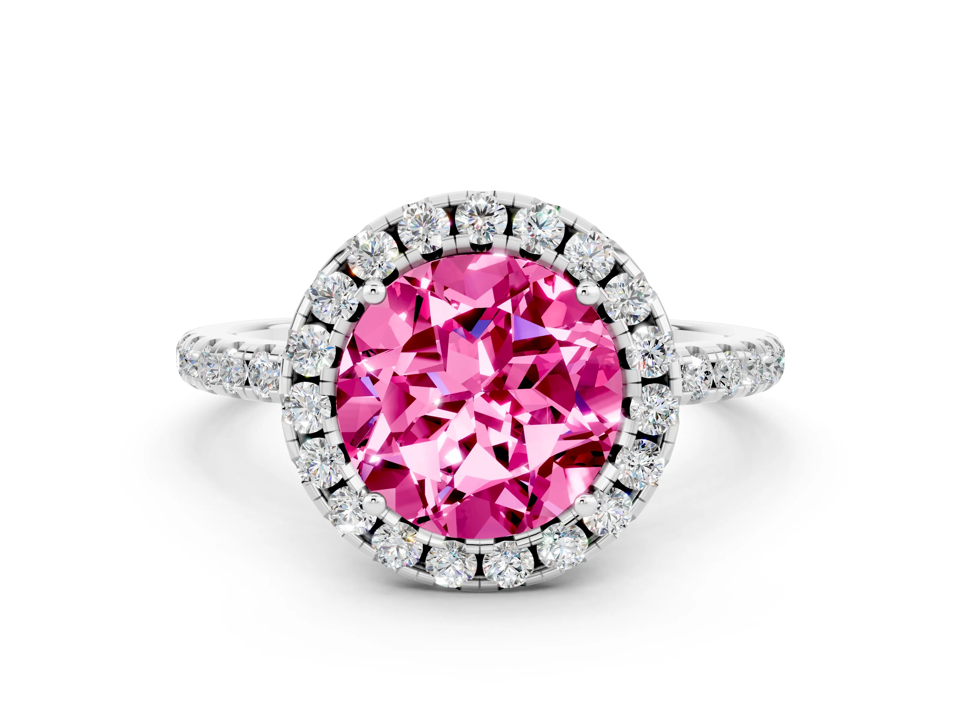 White gold Round Cut Halo Round Diamond Pavé Band Four-Prong Ring