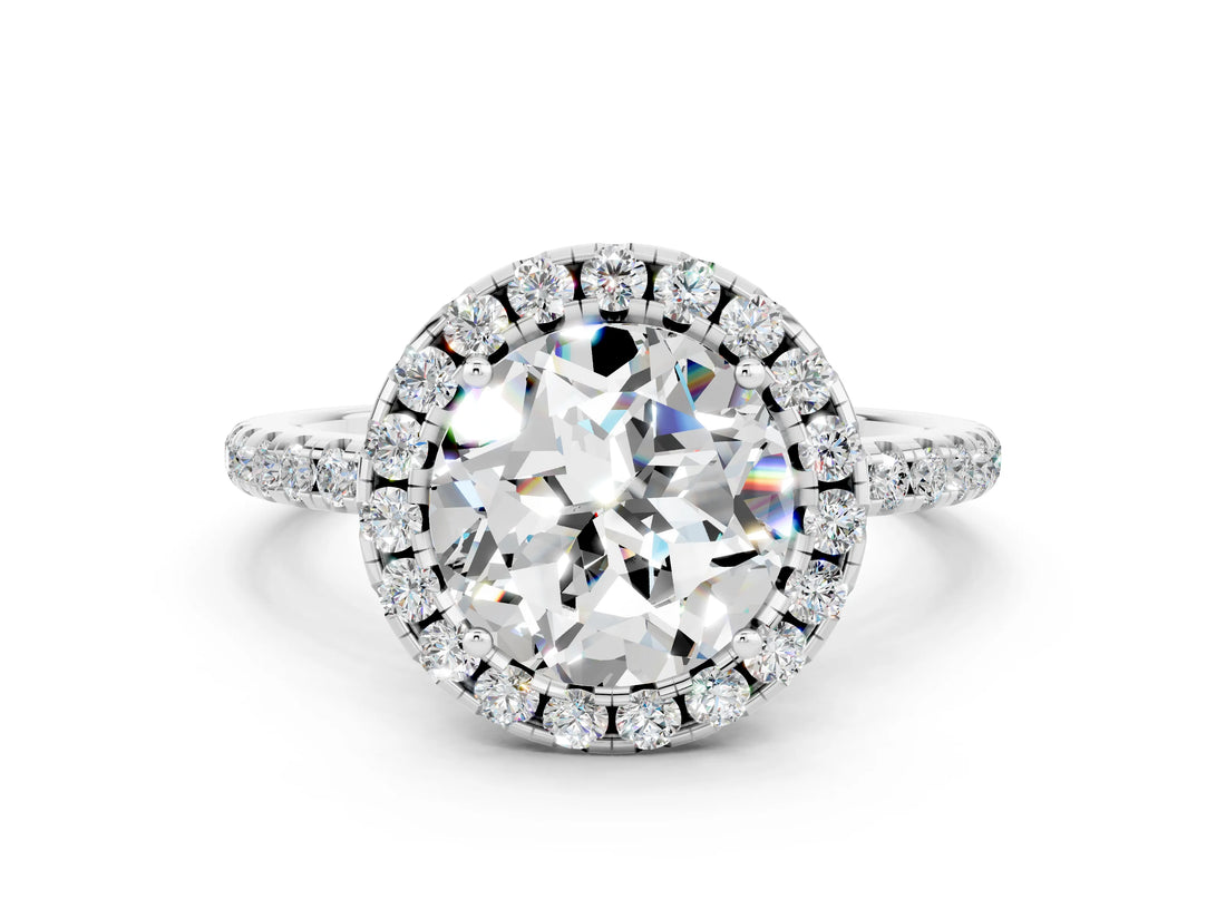 White gold Round Cut Halo Round Diamond Pavé Band Four-Prong Ring