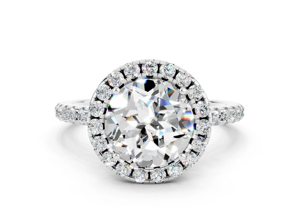 White gold Round Cut Moissanite Halo Ring with Round Pavé Band and Prong Setting