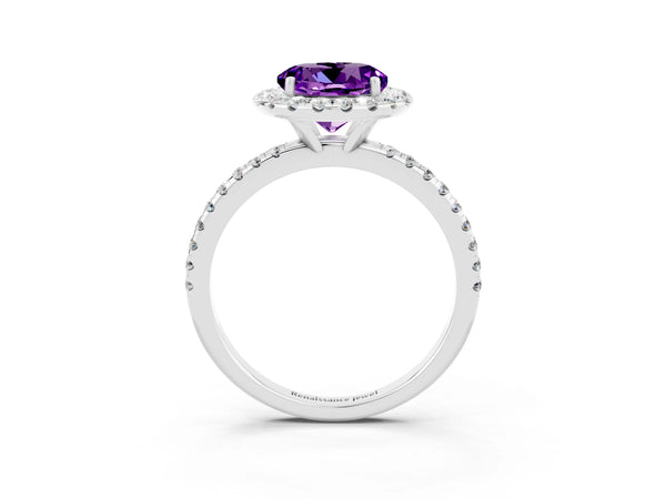 Platinum Round Cut Amethyst Halo Ring with Round Pavé Band and Prong Setting