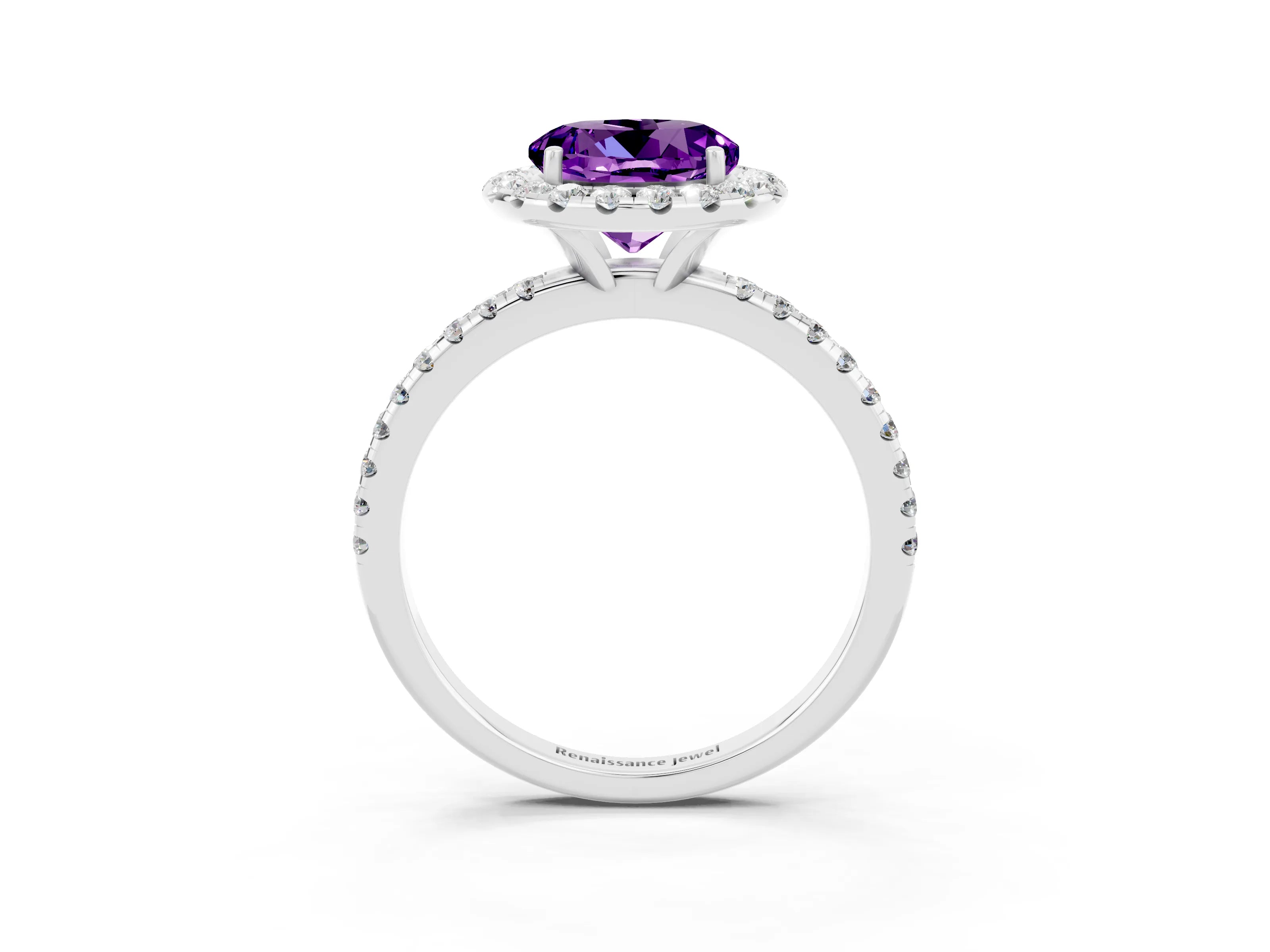 White gold Round Cut Halo Round Diamond Pavé Band Four-Prong Ring_3