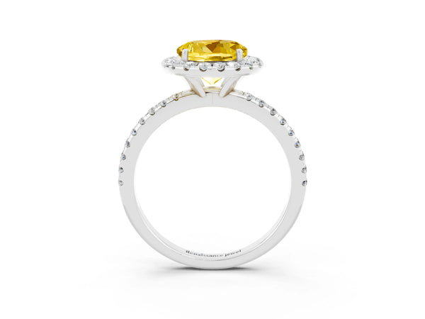 White gold Round Cut Yellow Sapphire Halo Ring with Round Pavé Band and Prong Setting