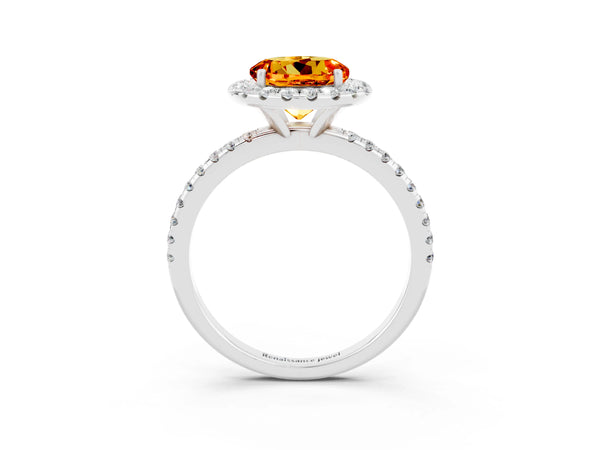 Platinum Round Cut Citrine Halo Ring with Round Pavé Band and Prong Setting