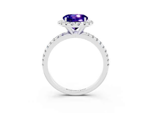 Silver Round Cut Tanzanite Halo Ring with Round Pavé Band and Prong Setting