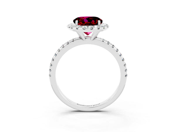 Platinum Round Cut Garnet Halo Ring with Round Pavé Band and Prong Setting