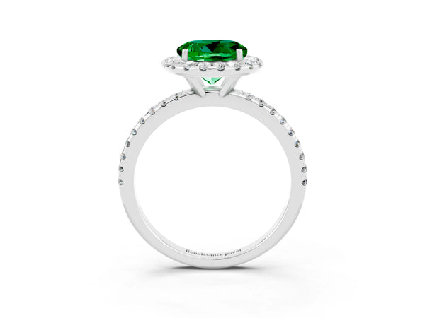 Silver Round Cut Emerald Halo Ring with Round Pavé Band and Prong Setting