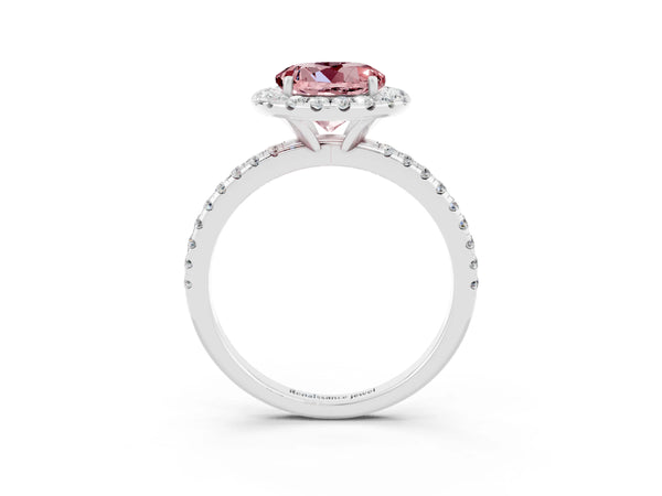 Silver Round Cut Halo Round Diamond Pavé Band Four-Prong Ring
