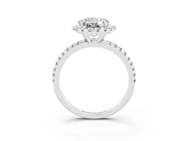 White gold Round Cut Moissanite Halo Ring with Round Pavé Band and Prong Setting