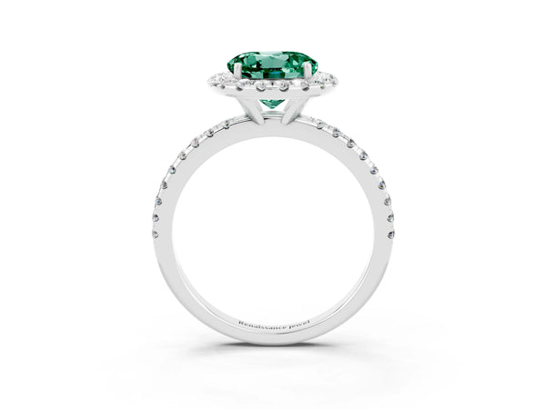White gold Round Cut Green Sapphire Halo Ring with Round Pavé Band and Prong Setting