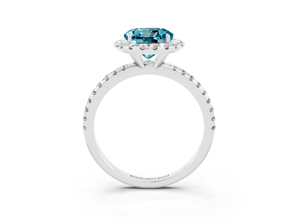 Platinum Round Cut Halo Round Diamond Pavé Band Four-Prong Ring