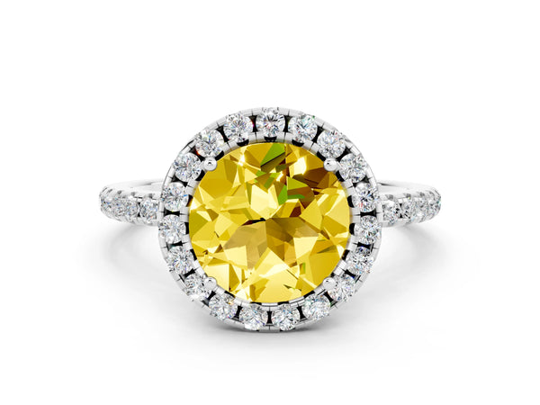 Silver Round Cut Yellow Sapphire Halo Ring with Round Pavé Band and Prong Setting