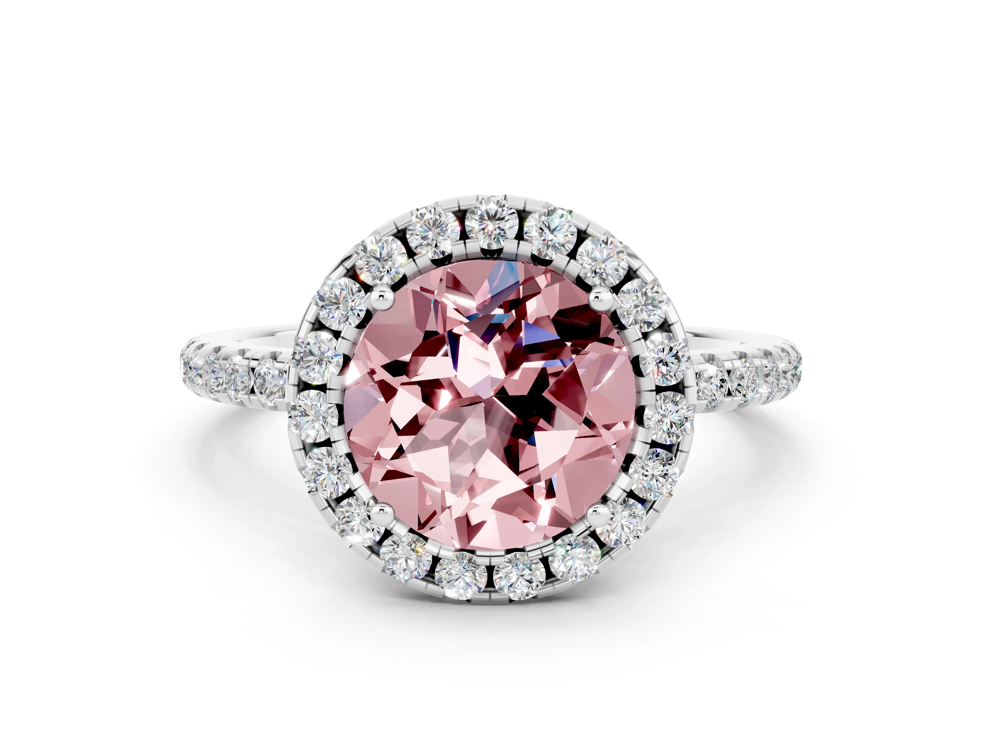 White gold Round Cut Halo Round Diamond Pavé Band Four-Prong Ring