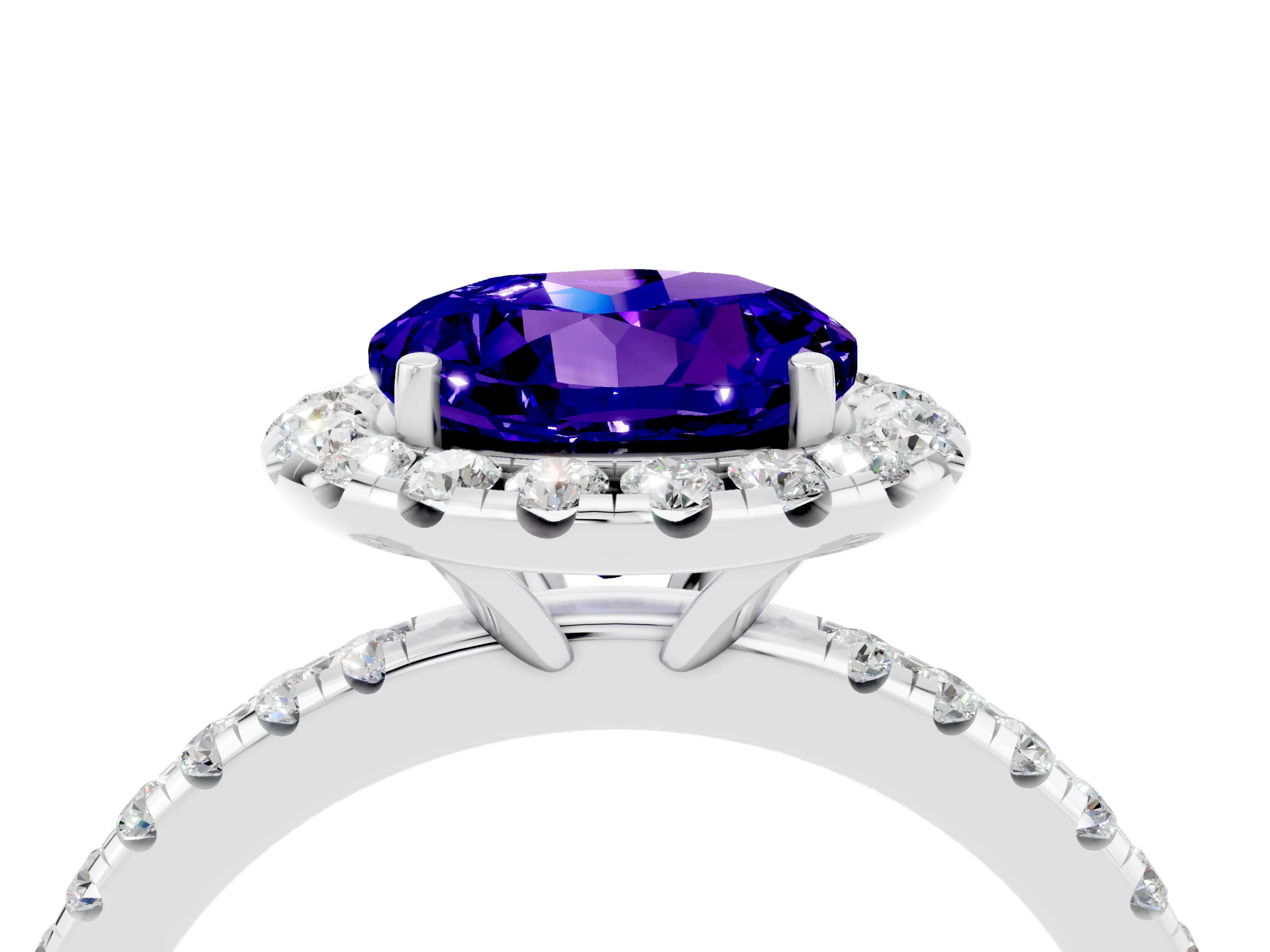 White gold Round Cut Halo Round Diamond Pavé Band Four-Prong Ring_4