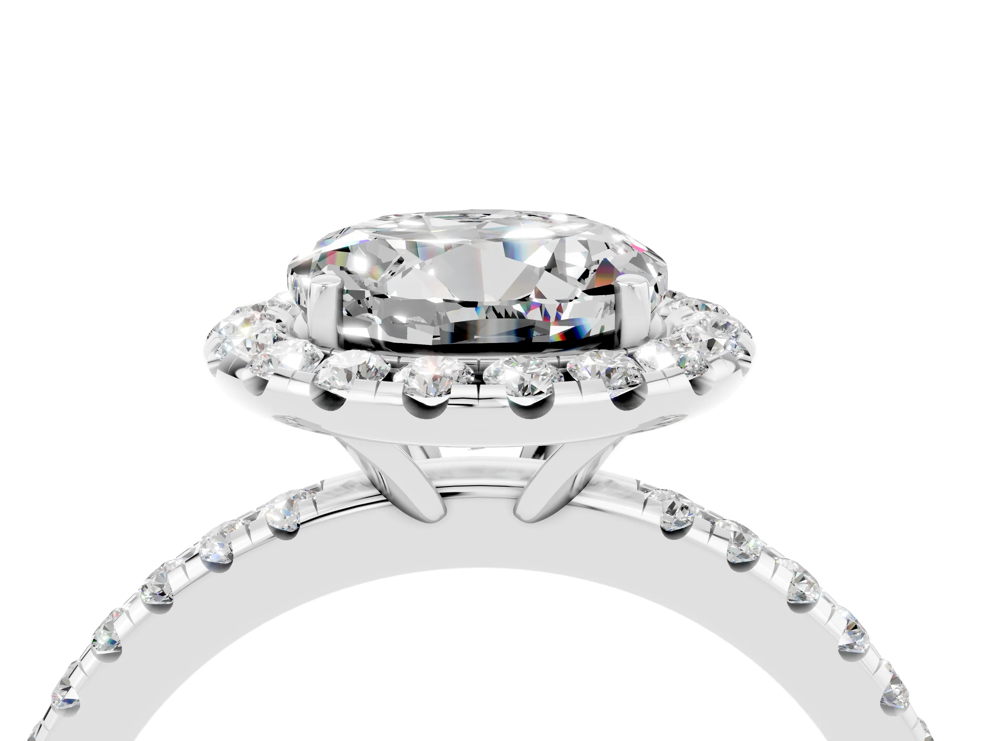 White gold Round Cut Halo Round Diamond Pavé Band Four-Prong Ring_4