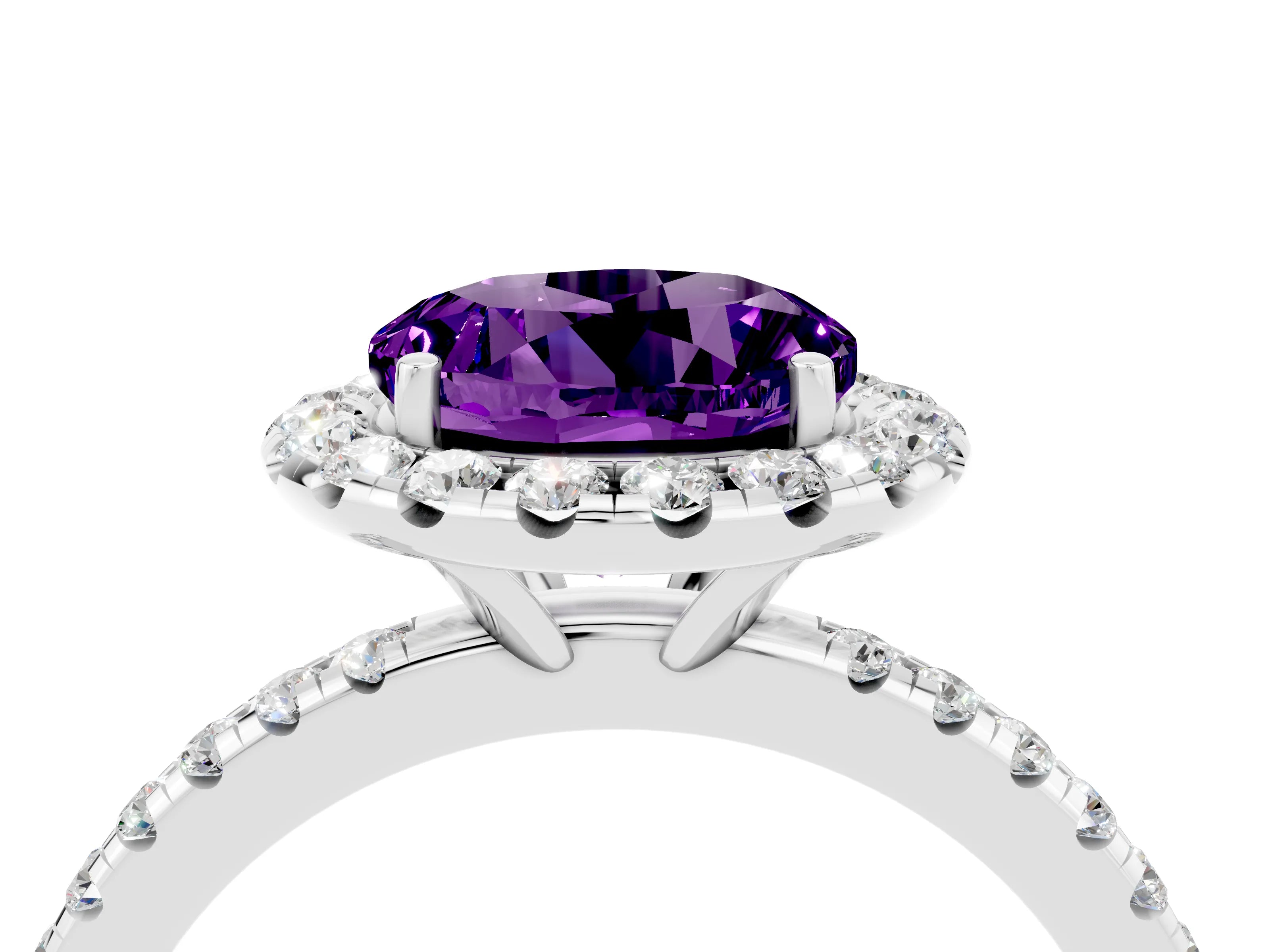 White gold Round Cut Halo Round Diamond Pavé Band Four-Prong Ring_4