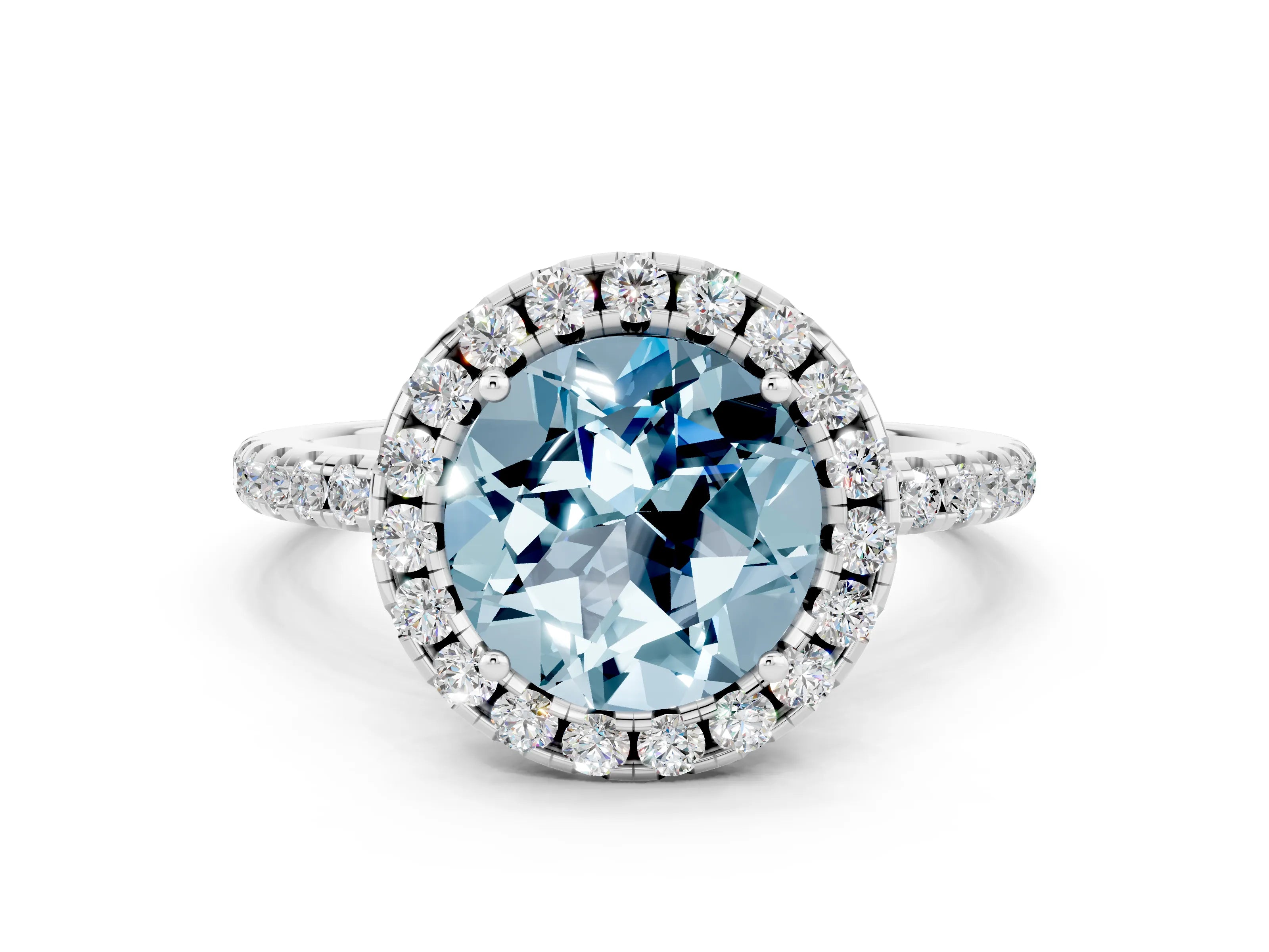 White gold Round Cut Halo Round Diamond Pavé Band Four-Prong Ring