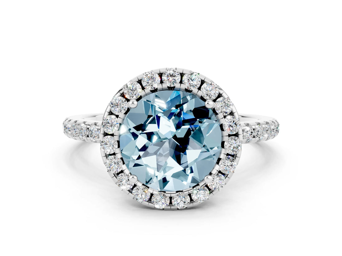 White gold Round Cut Halo Round Diamond Pavé Band Four-Prong Ring