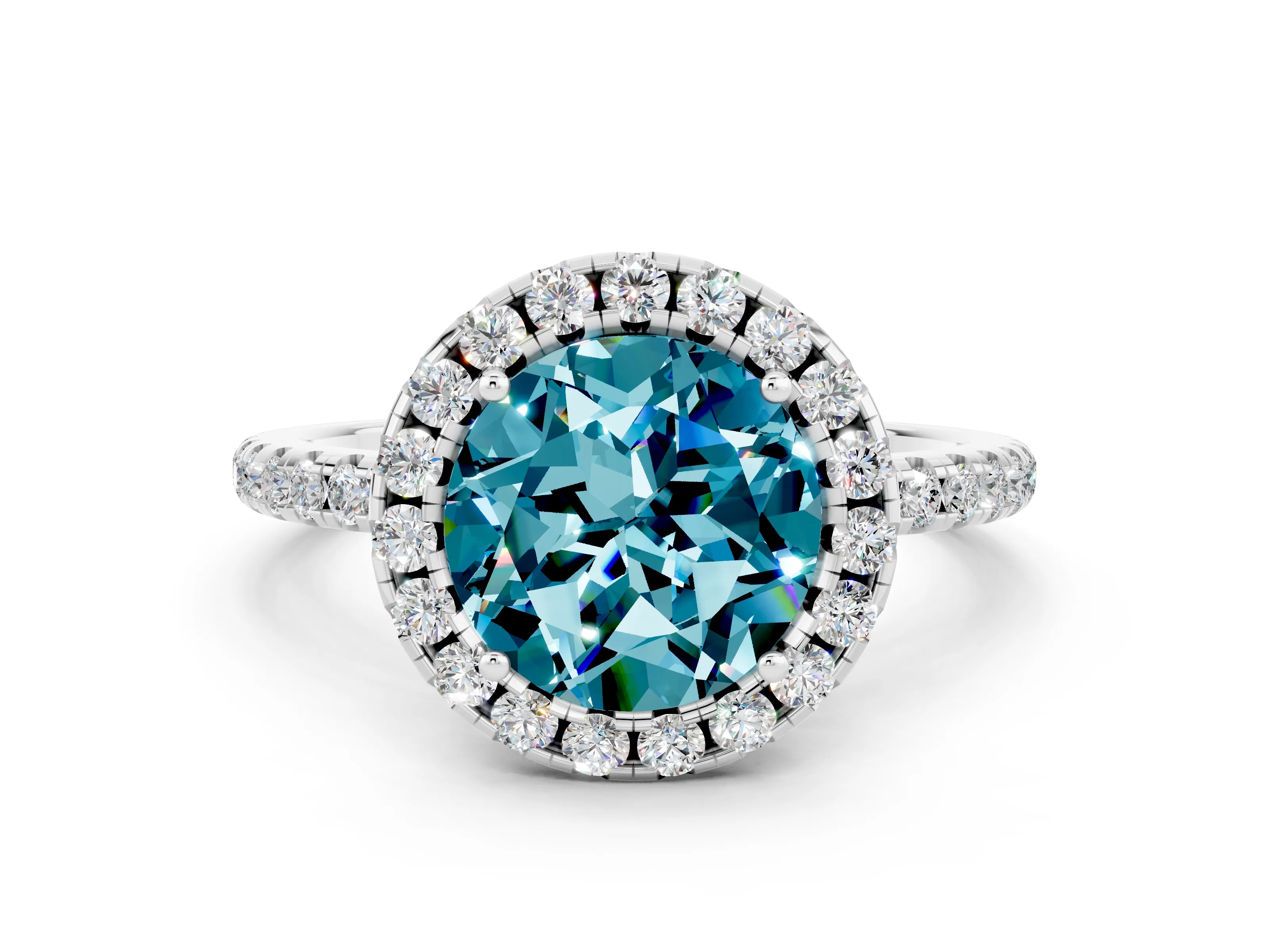 White gold Round Cut Halo Round Diamond Pavé Band Four-Prong Ring