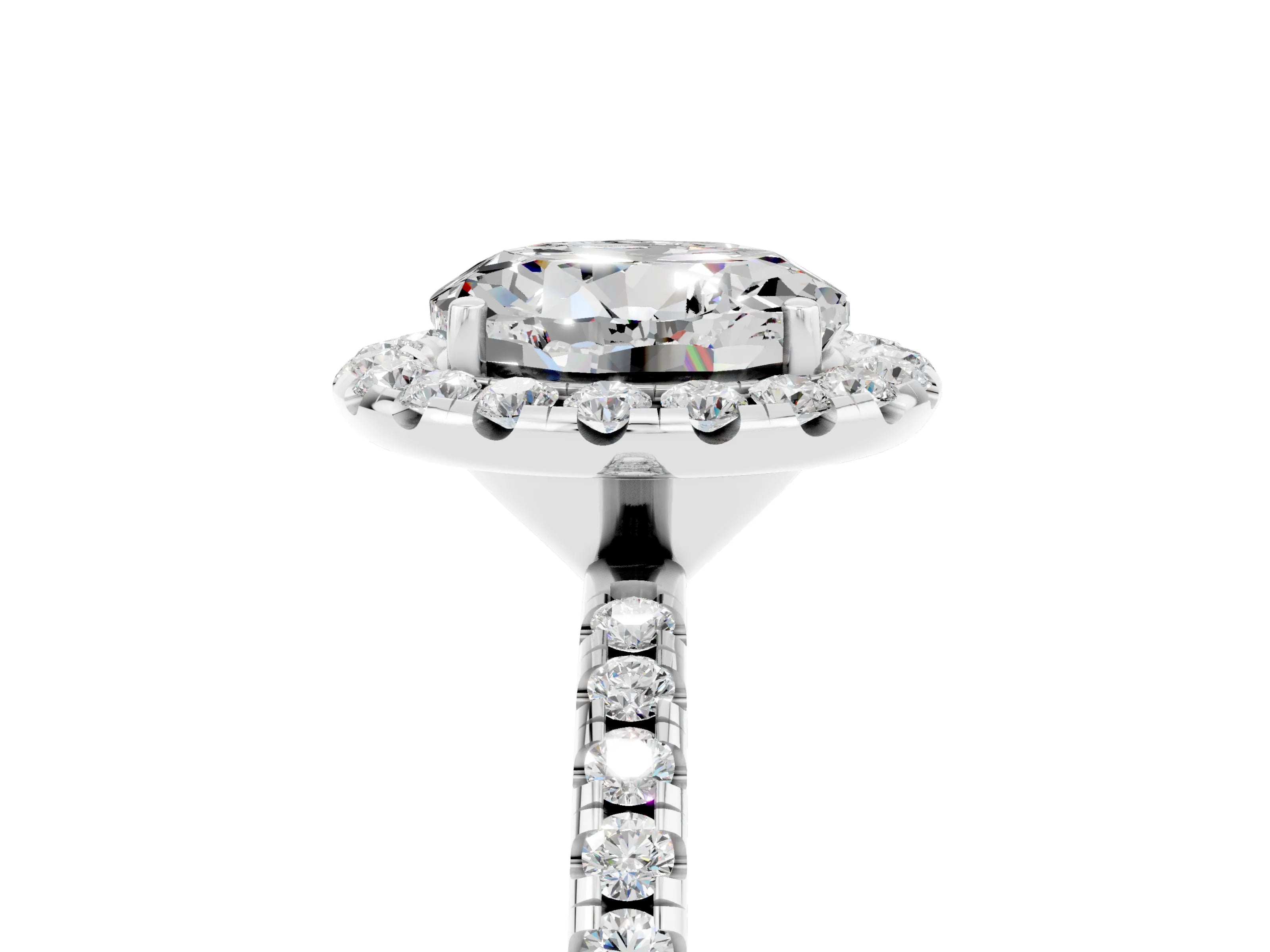 White gold Round Cut Halo Round Diamond Pavé Band Four-Prong Ring_5