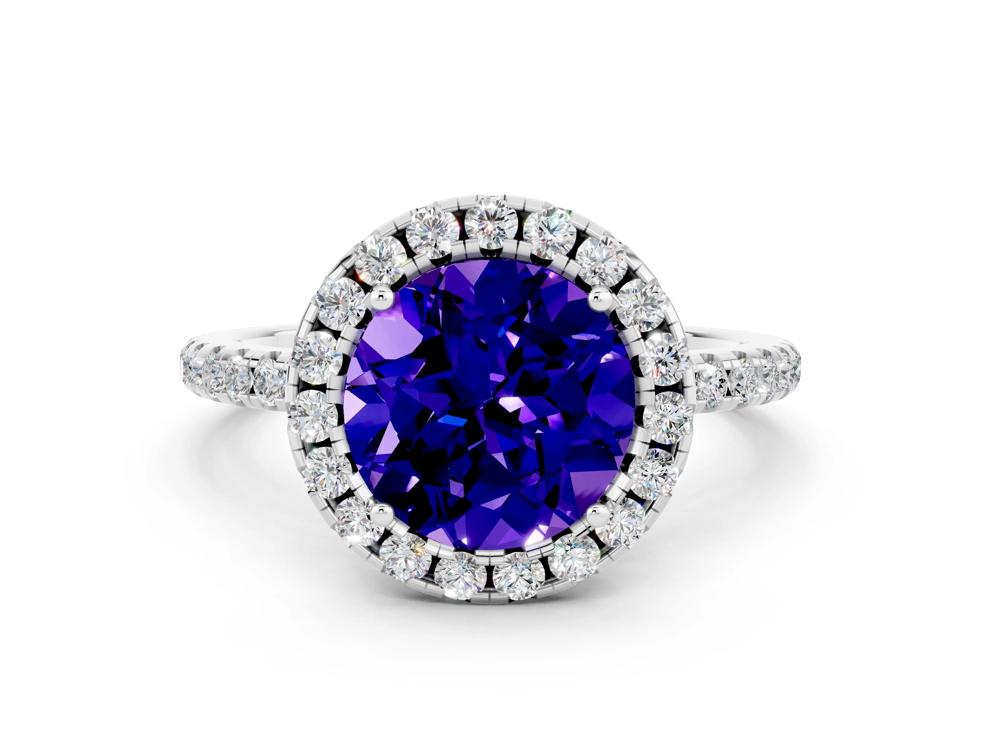 White gold Round Cut Halo Round Diamond Pavé Band Four-Prong Ring