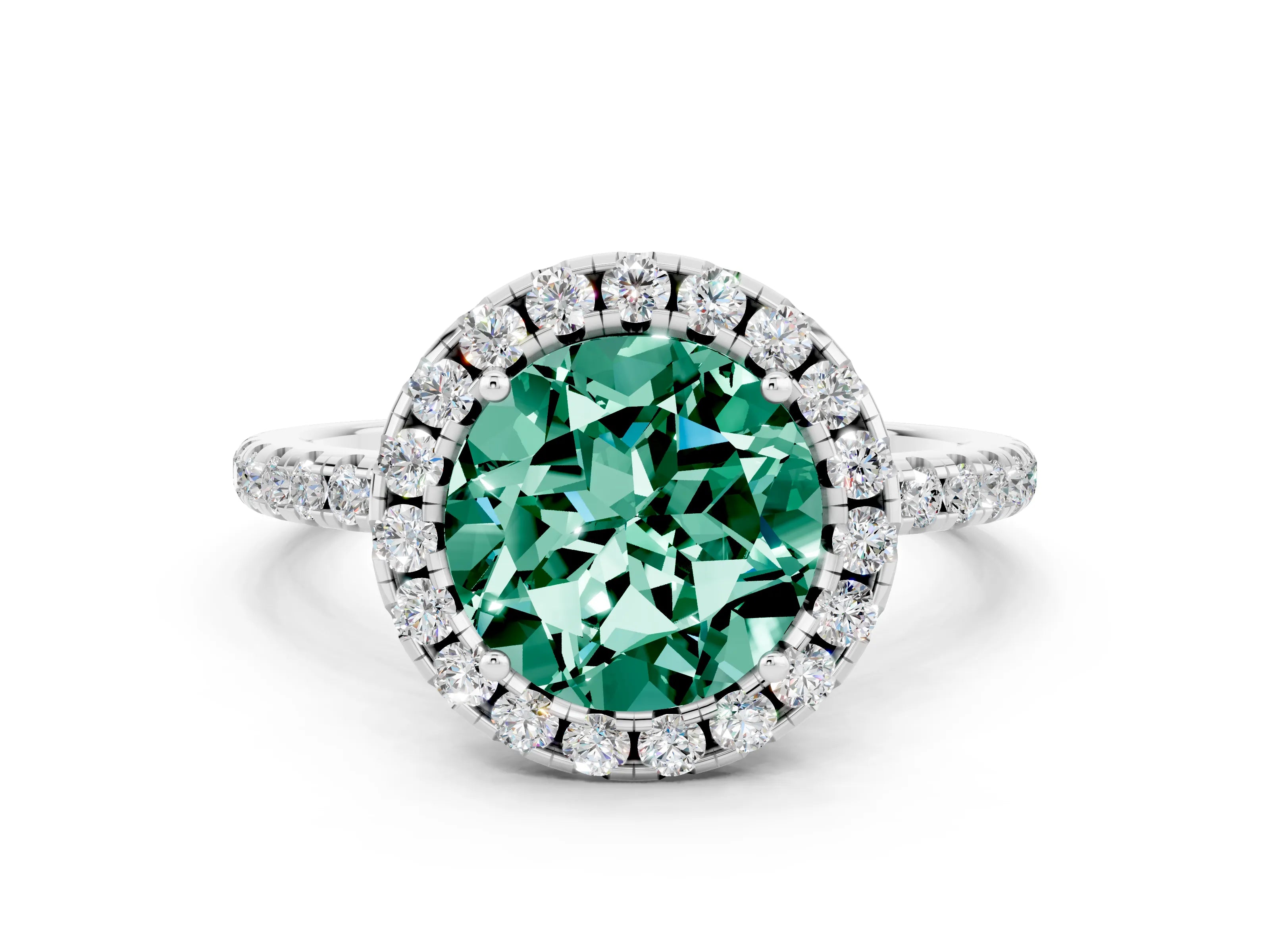 White gold Round Cut Halo Round Diamond Pavé Band Four-Prong Ring