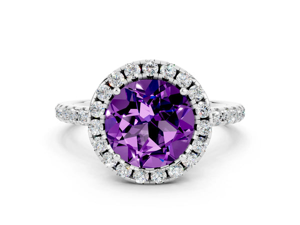 White gold Round Cut Amethyst Halo Ring with Round Pavé Band and Prong Setting