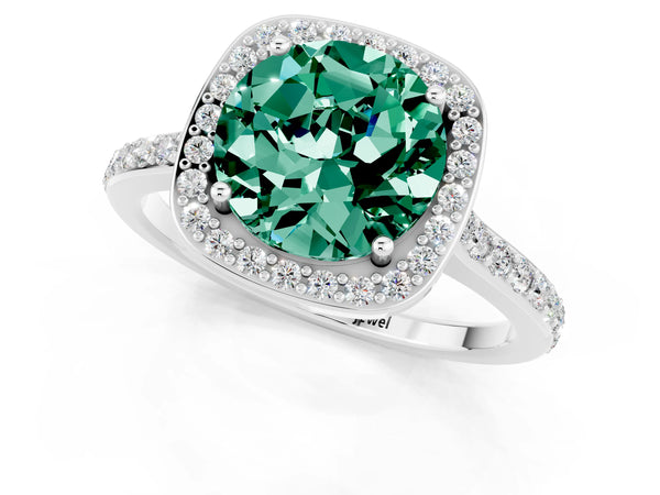 Silver Round Cut Green Sapphire Halo Engagement Ring with Round Pavé Shoulders and Prong Setting