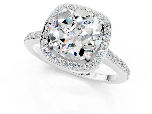 Platinum Round Cut Moissanite Halo Engagement Ring with Round Pavé Shoulders and Prong Setting