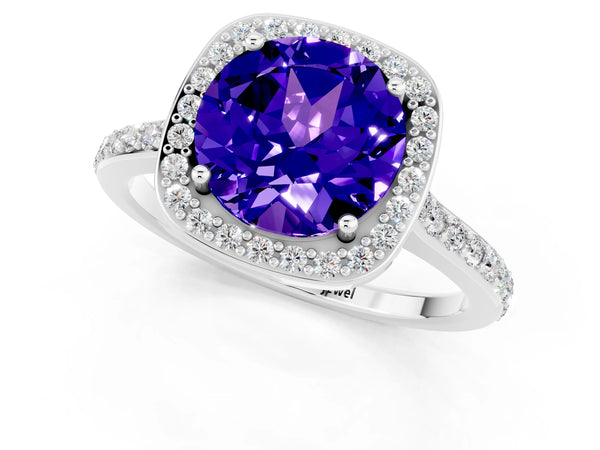 Silver Round Cut Tanzanite Halo Engagement Ring with Round Pavé Shoulders and Prong Setting