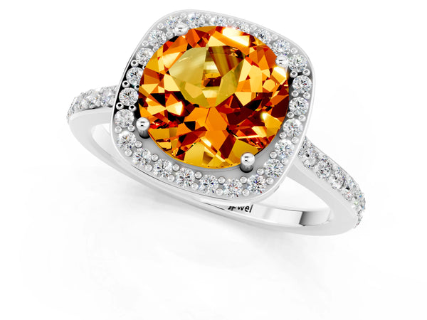 Silver Round Cut Citrine Halo Engagement Ring with Round Pavé Shoulders and Prong Setting