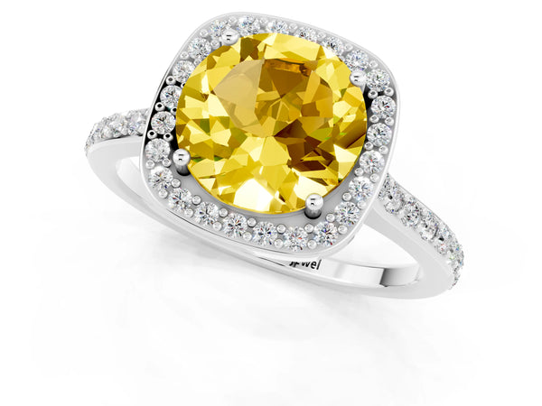 Silver Round Cut Yellow Sapphire Halo Engagement Ring with Round Pavé Shoulders and Prong Setting