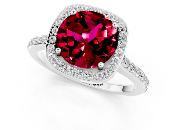 White gold Round Cut Garnet Halo Engagement Ring with Round Pavé Shoulders and Prong Setting