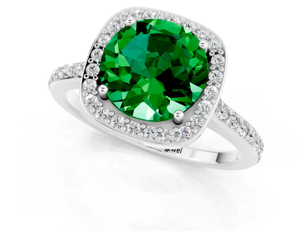 Silver Round Cut Emerald Halo Engagement Ring with Round Pavé Shoulders and Prong Setting