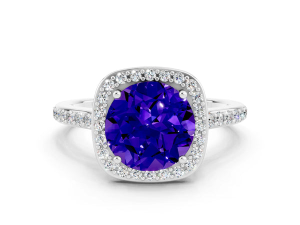 Silver Round Cut Tanzanite Halo Engagement Ring with Round Pavé Shoulders and Prong Setting