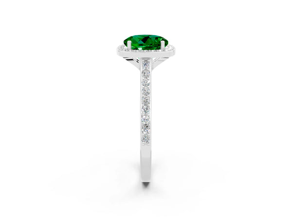 Silver Round Cut Emerald Halo Engagement Ring with Round Pavé Shoulders and Prong Setting